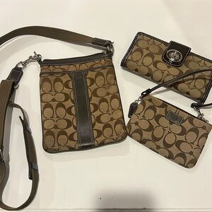 Bundle of tan and brown coach shoulder bag, wallet and wristlet